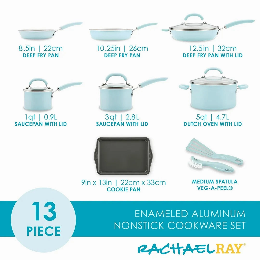 13 Piece Delicious Aluminum Nonstick Pots and Pans - Light Blue