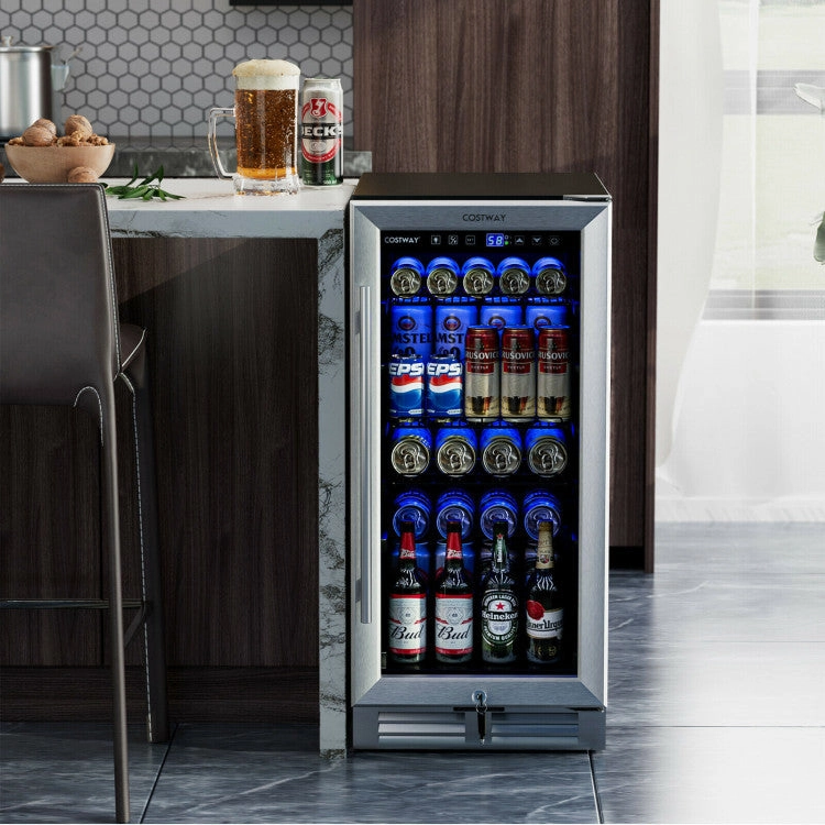 15 Inch Built-in Freestanding Beverage Cooler/Refrigerator with Adjustable Temperature and Shelf