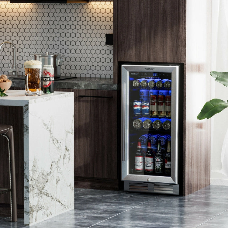 15 Inch Built-in Freestanding Beverage Cooler/Refrigerator with Adjustable Temperature and Shelf