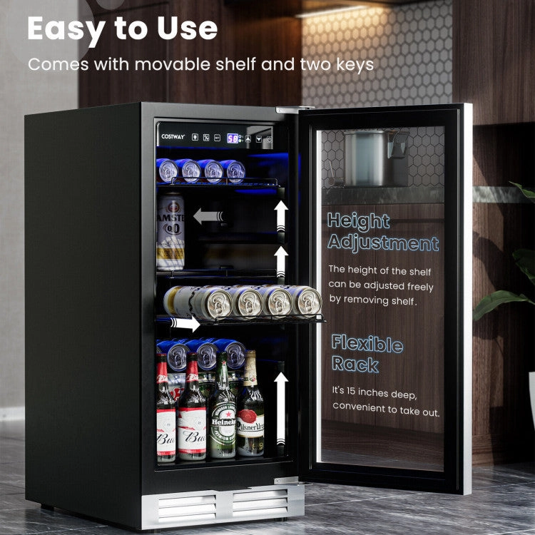 15 Inch Built-in Freestanding Beverage Cooler/Refrigerator with Adjustable Temperature and Shelf