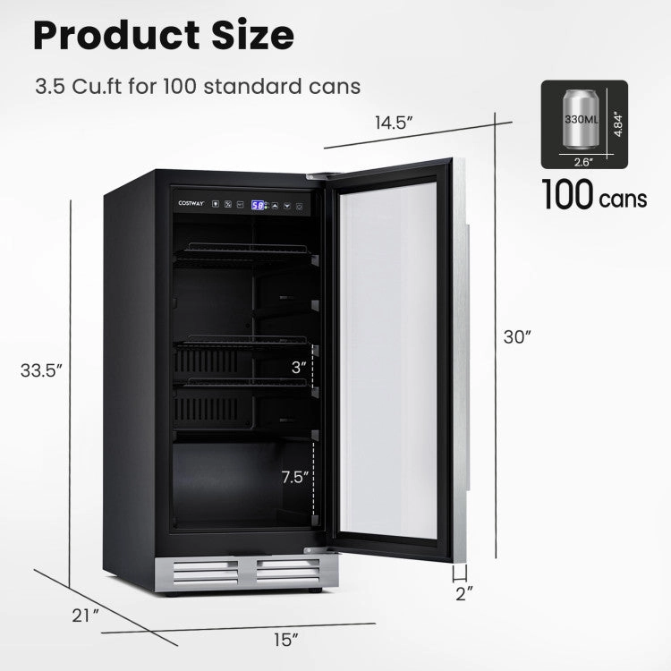 15 Inch Built-in Freestanding Beverage Cooler/Refrigerator with Adjustable Temperature and Shelf