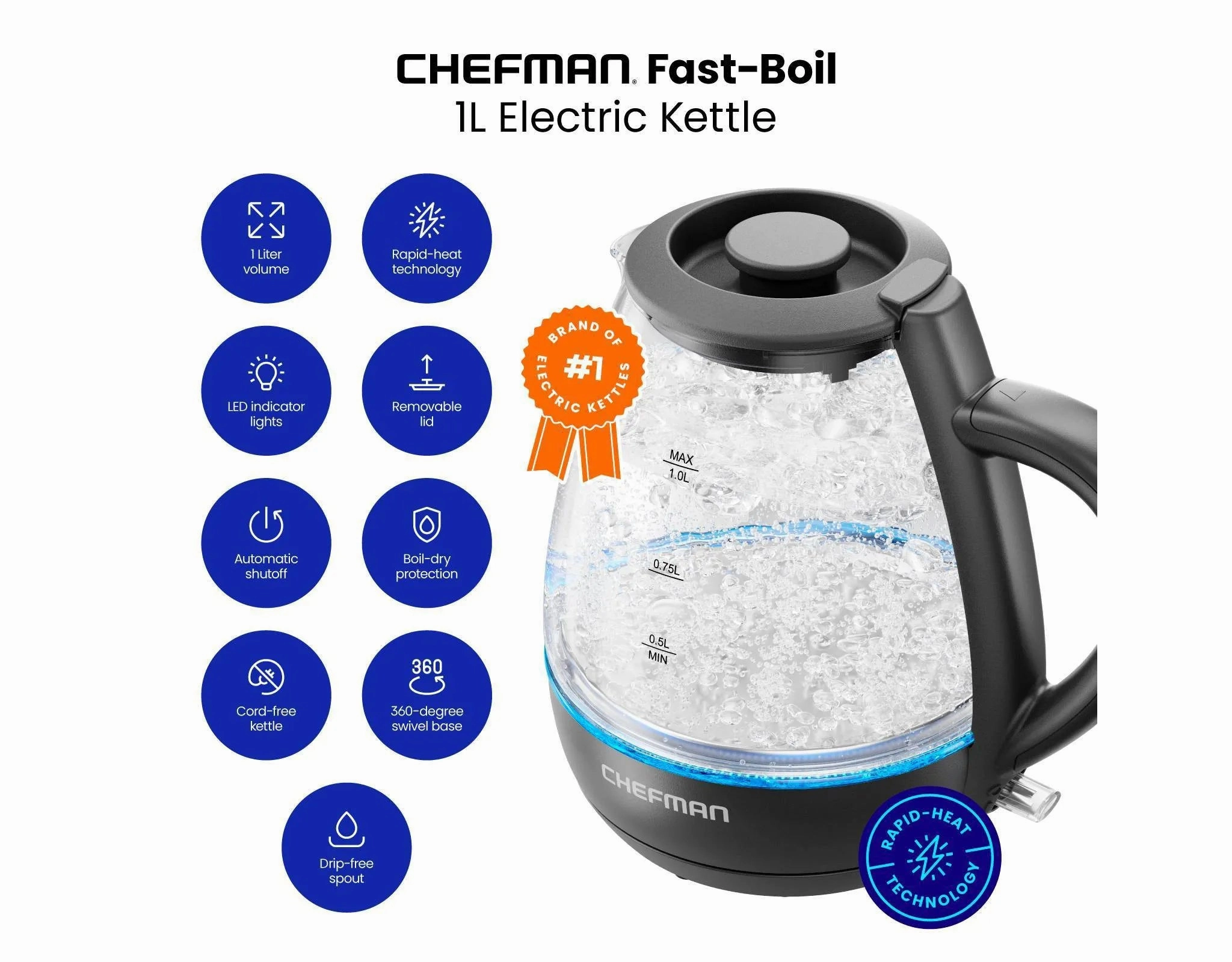 1L Rapid-Boil Kettle with Automatic Shutoff