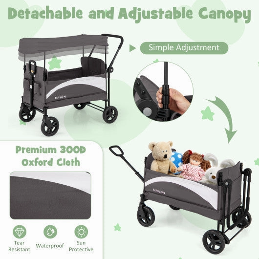 2-Seat Stroller Wagon With Adjustable Canopy and Handles-Gray