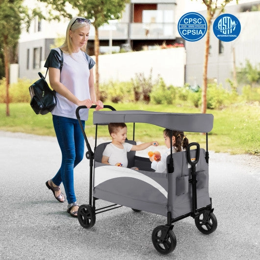 2-Seat Stroller Wagon With Adjustable Canopy and Handles-Gray