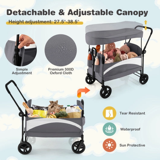 2-Seat Stroller Wagon With Adjustable Canopy and Handles-Gray