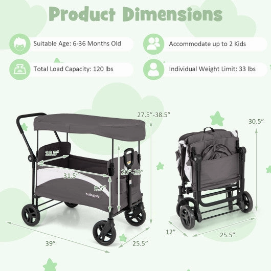 2-Seat Stroller Wagon With Adjustable Canopy and Handles-Gray