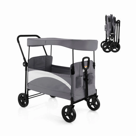 2-Seat Stroller Wagon With Adjustable Canopy and Handles-Gray