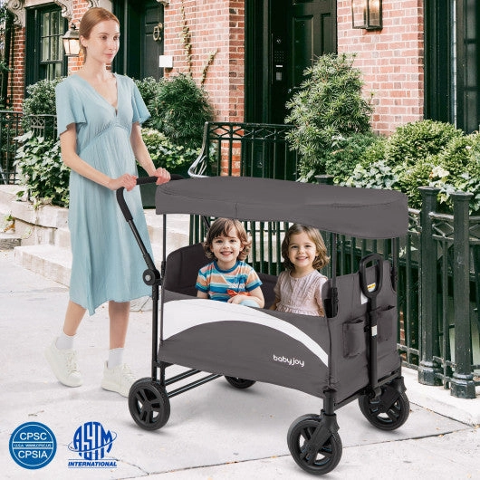 2-Seat Stroller Wagon With Adjustable Canopy and Handles-Gray