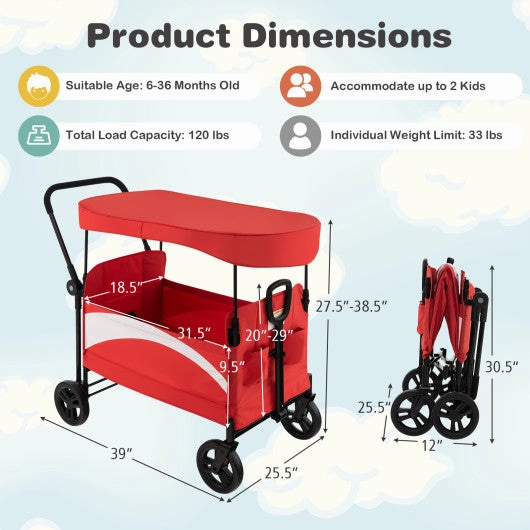2-Seat Stroller Wagon With Adjustable Canopy and Handles-Red