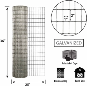 36in x 25ft Galvanzed Welded Wire Fence with 1in x 2in Openings