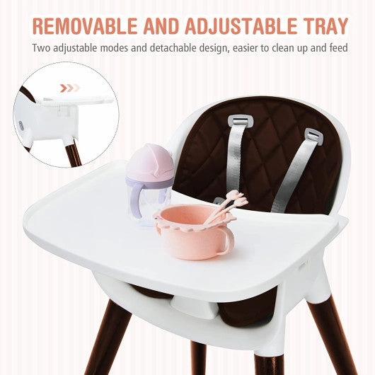3-in-1 Adjustable Baby High Chair With Soft Seat Cushion for Toddlers-Brown
