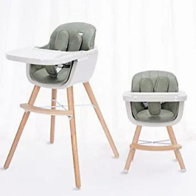 3-in-1 Convertible Wooden High Chair with Removable Tray and Adjustable Legs and Cushion - Sage Green