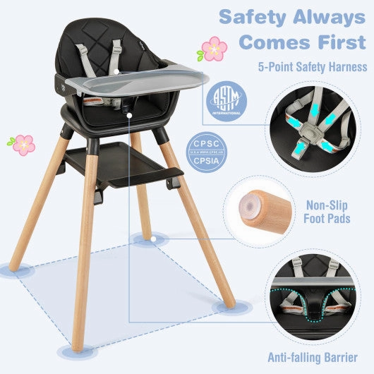 6 in 1 Convertible Highchair With Safety Harness and Removable Tray-Black