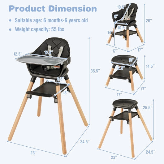 6 in 1 Convertible Highchair With Safety Harness and Removable Tray-Black