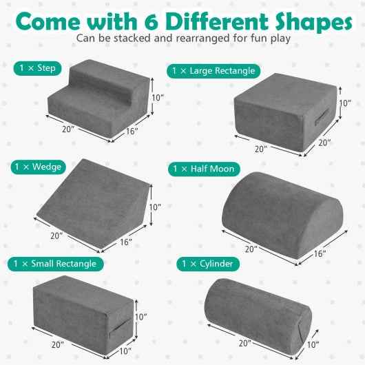 6-Piece Baby Climbing Blocks With 30D High-Density Foam and Carrying Handles-Gray