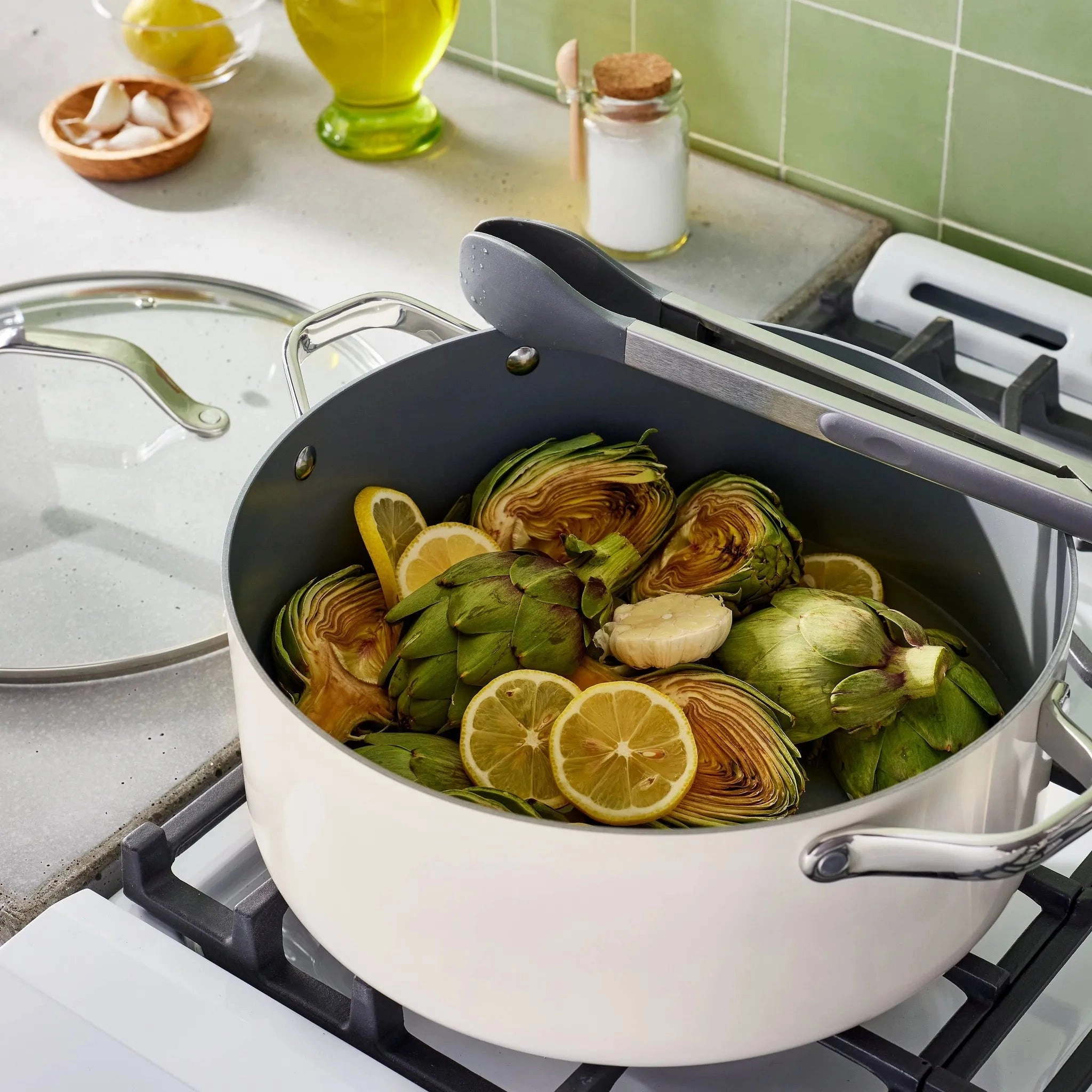 8qt Nonstick Ceramic Coated Aluminum Wide Stock Pot Cream (See Description)