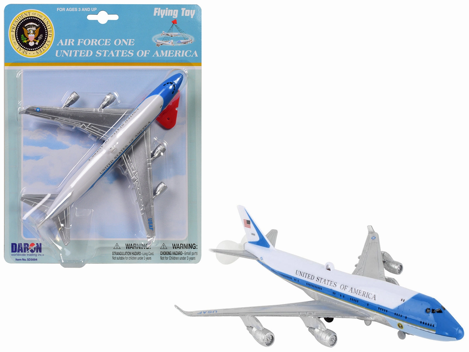"United States Air Force One" Aircraft Flying Toy White and Blue Plastic Model Airplane by Daron
