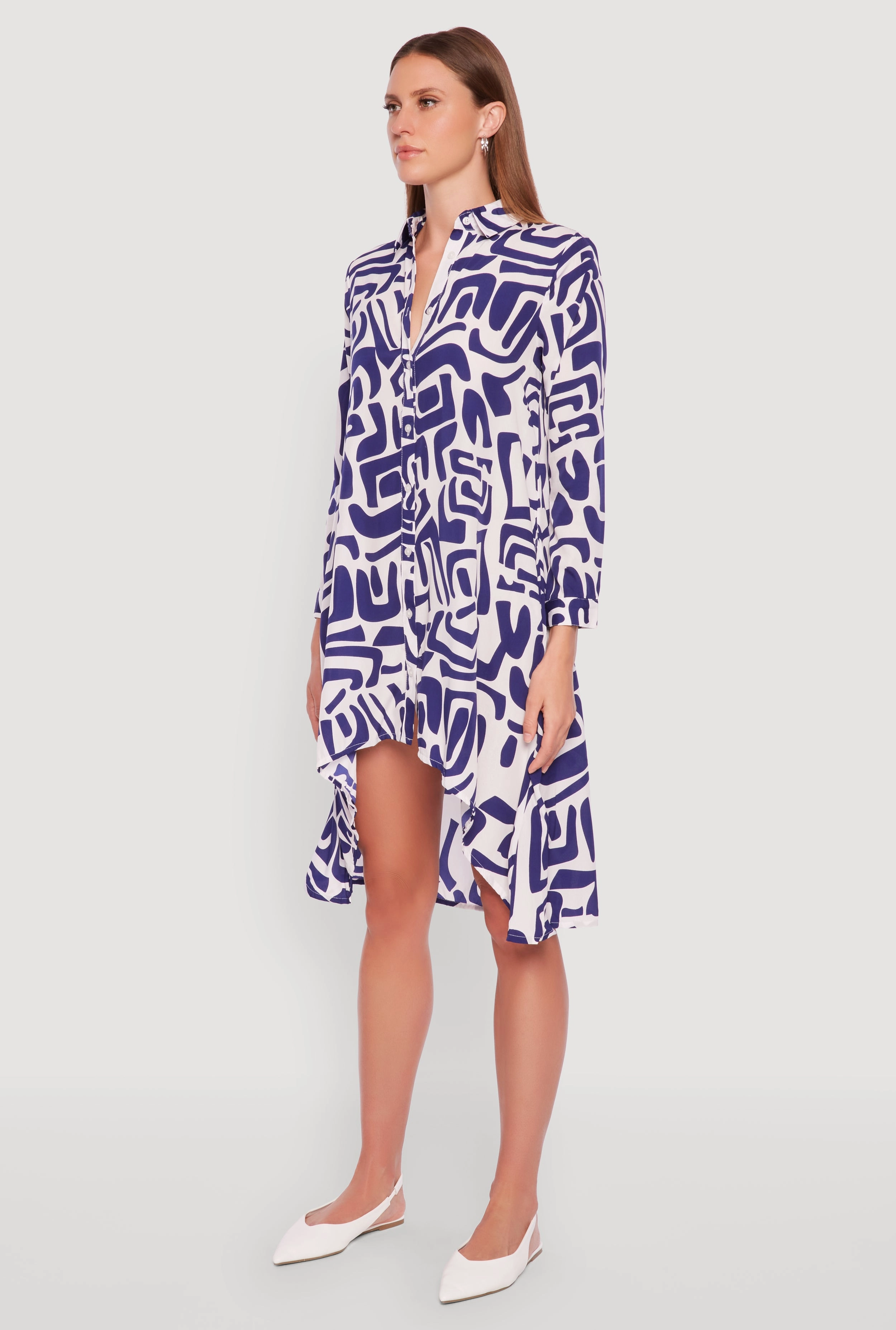 Abstract Patterned High Low Shirt Dress