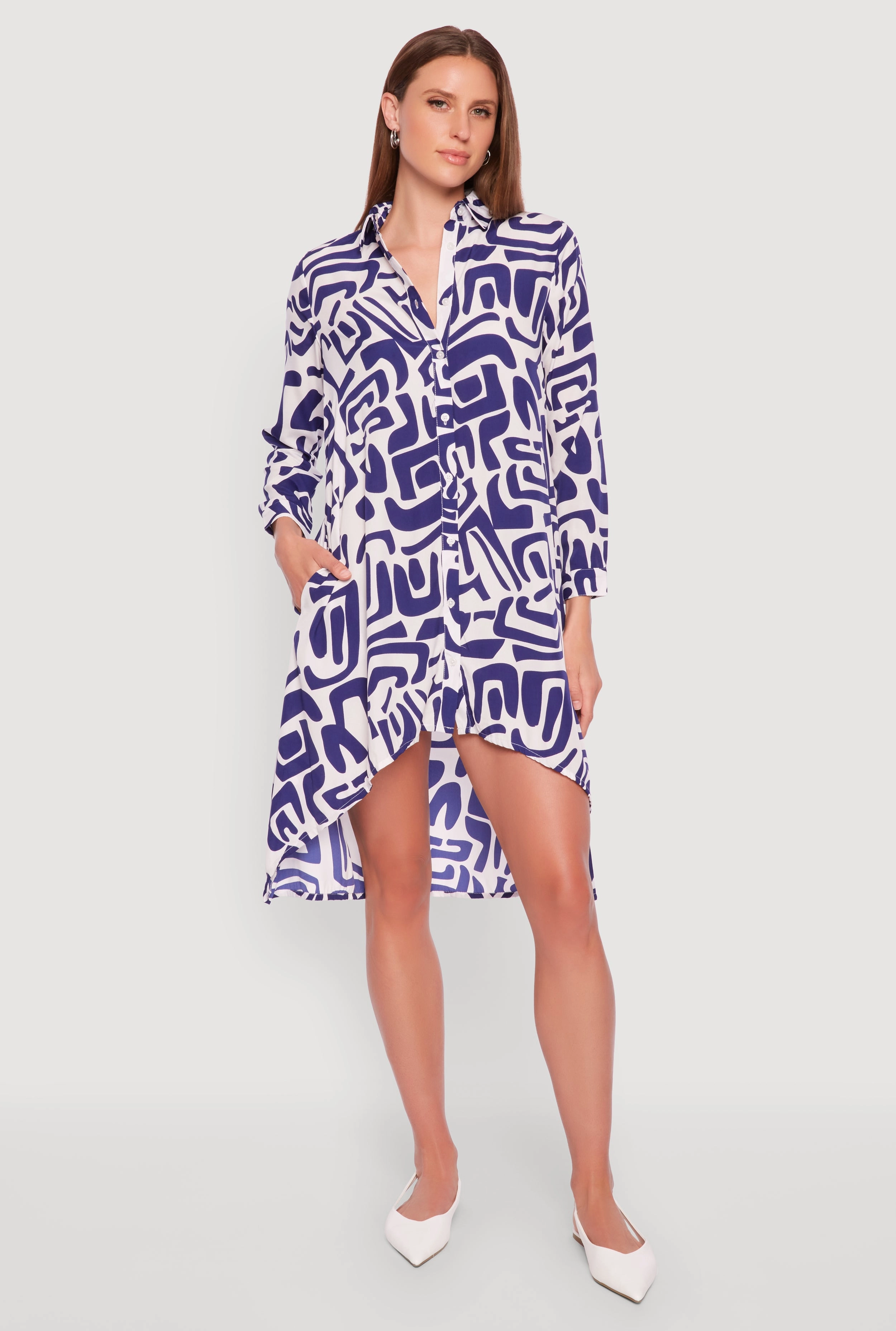 Abstract Patterned High Low Shirt Dress