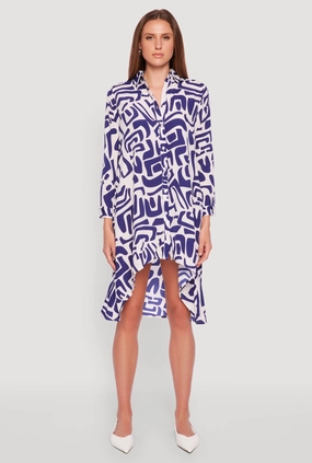Abstract Patterned High Low Shirt Dress