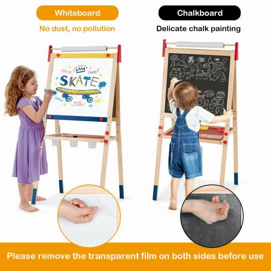 All-in-One Wooden Height Adjustable Kid's Art Easel With Magnetic Stickers and Paper