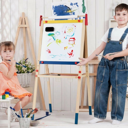 All-in-One Wooden Height Adjustable Kid's Art Easel With Magnetic Stickers and Paper