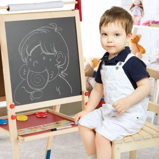 All-in-One Wooden Height Adjustable Kid's Art Easel With Magnetic Stickers and Paper