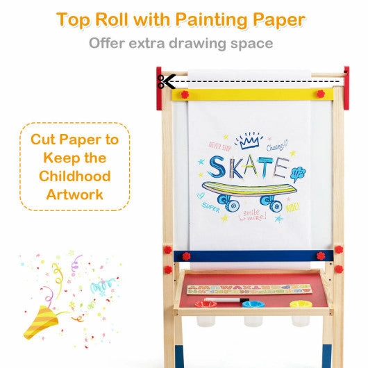 All-in-One Wooden Height Adjustable Kid's Art Easel With Magnetic Stickers and Paper