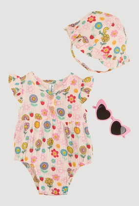 Baby Girls 0-9M Flower Print Romper and Hat with Sunglasses