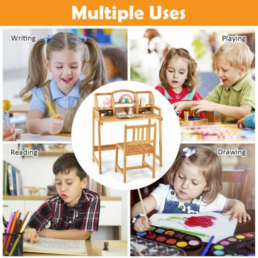 Bamboo Kids Study Desk and Chair Set With Bookshelf
