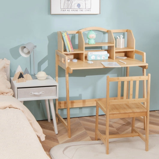 Bamboo Kids Study Desk and Chair Set With Bookshelf