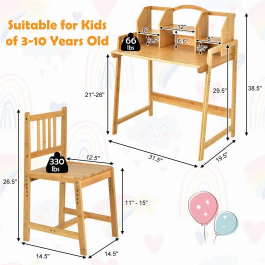 Bamboo Kids Study Desk and Chair Set With Bookshelf