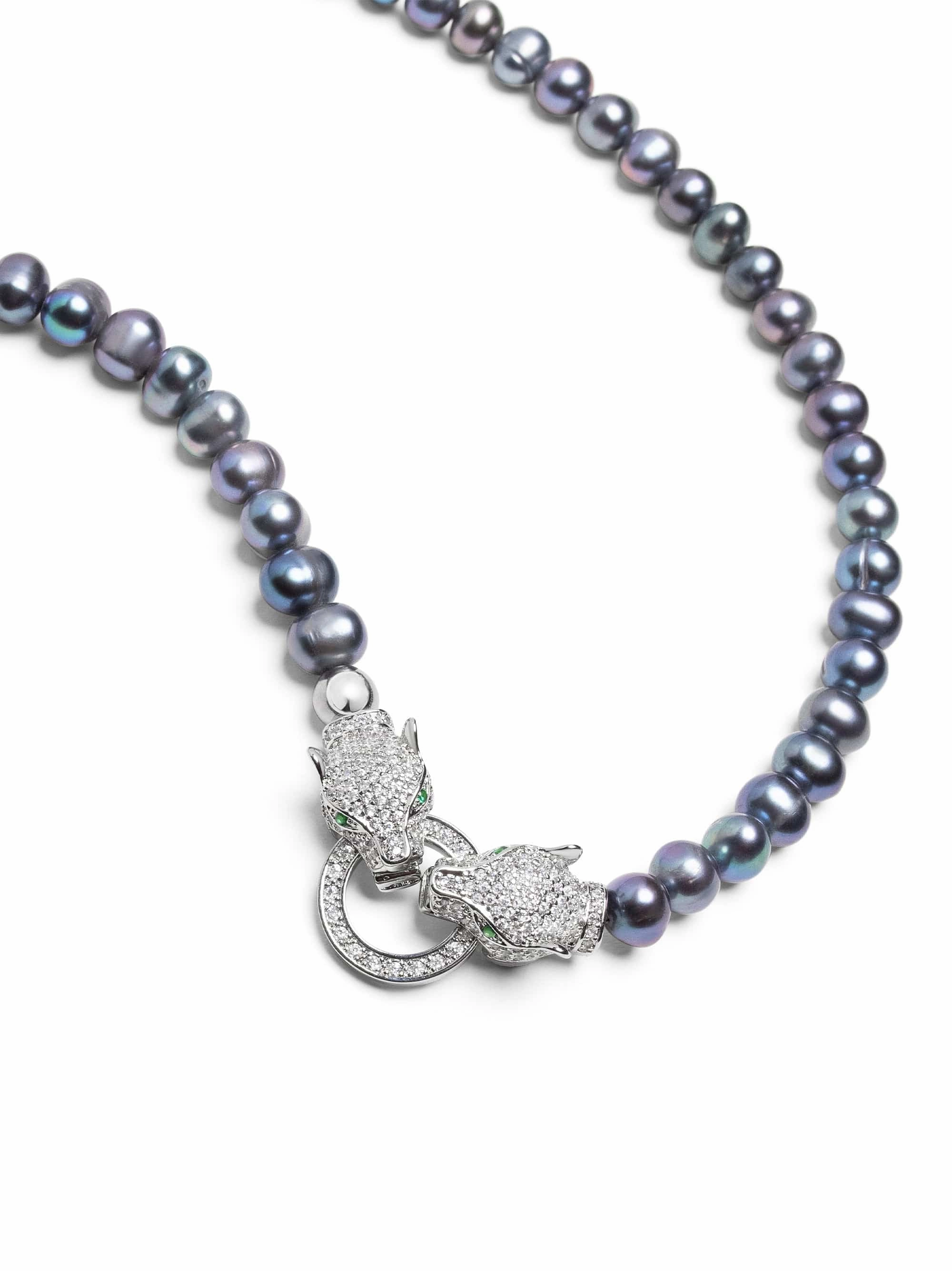 Black Pearl Choker with Double Panther Head in Silver