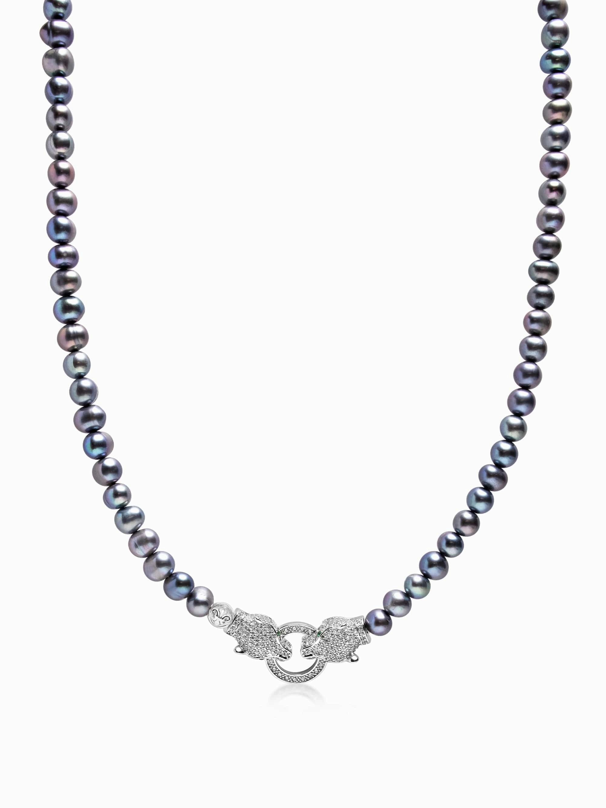 Black Pearl Choker with Double Panther Head in Silver