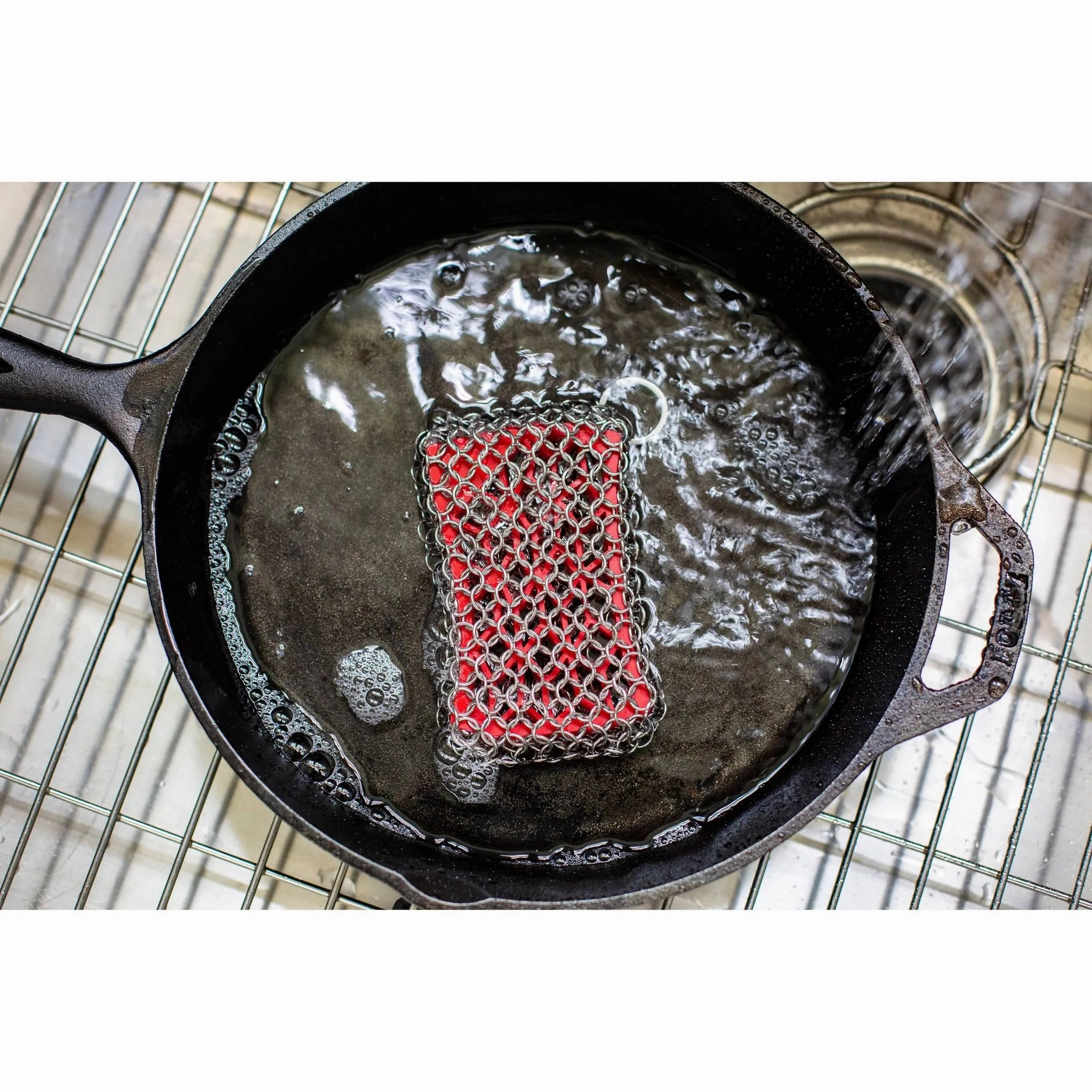 Chainmail Scrubber Red: Stainless Steel Cast Iron Cleaning Tool, Dishwasher-Safe, 4" Diameter