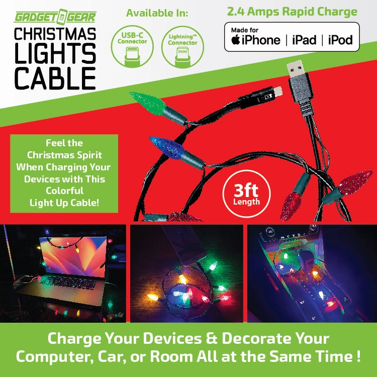 Christmas Light 3FT USB-to-Lightning / USB-C Sync and Charge Cables - 6 Pieces Per Display 25327