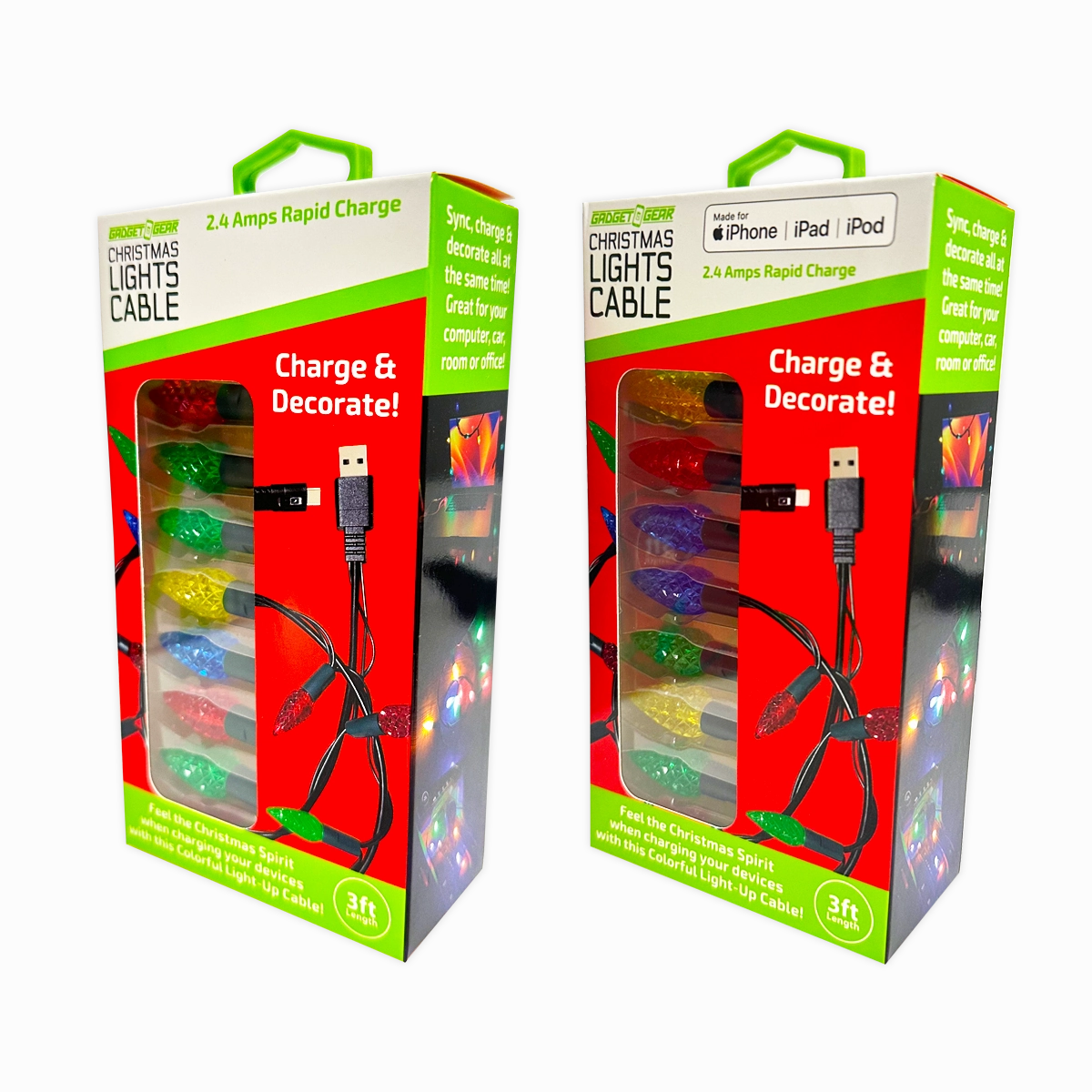 Christmas Light 3FT USB-to-Lightning / USB-C Sync and Charge Cables - 6 Pieces Per Display 25327
