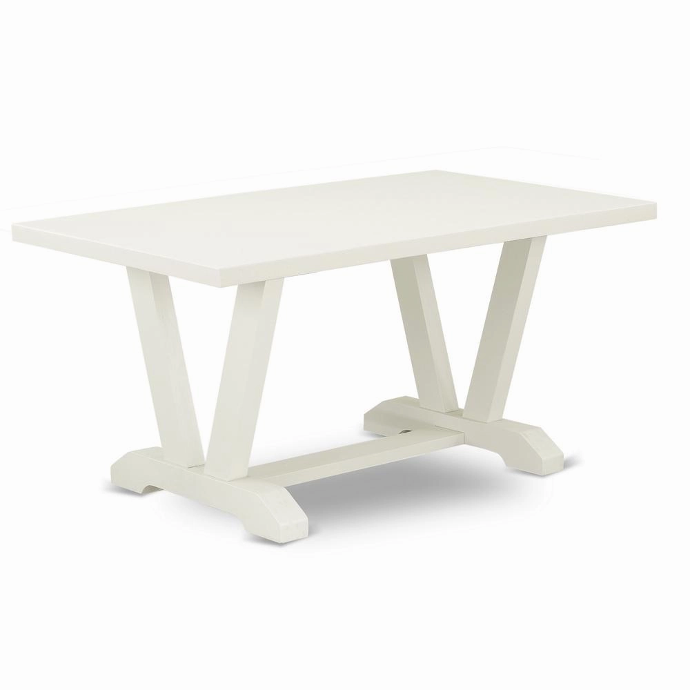 East West Furniture V026LA206-6 6-Piece Stylish Modern Dining Table Set an Outstanding Linen White Dining Room Table Top and Linen White Wooden Bench Indoor and 4 Awesome Linen Fabric Padded Chairs wi