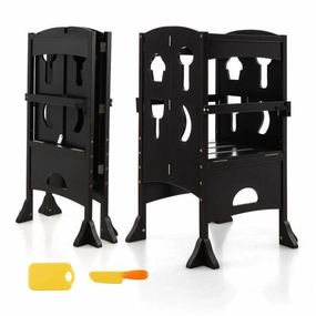 Folding Wooden Step Stool With Lockable Safety Rail for Toddler 3 -Coffee