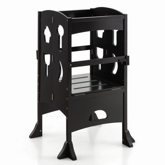 Folding Wooden Step Stool With Lockable Safety Rail for Toddler 3 -Coffee