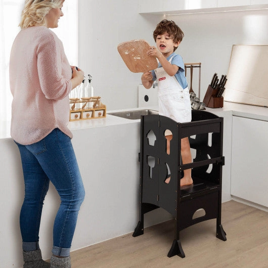 Folding Wooden Step Stool With Lockable Safety Rail for Toddler 3 -Coffee