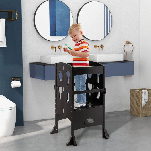 Folding Wooden Step Stool With Lockable Safety Rail for Toddler 3 -Coffee