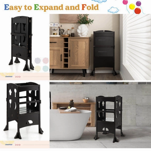 Folding Wooden Step Stool With Lockable Safety Rail for Toddler 3 -Coffee