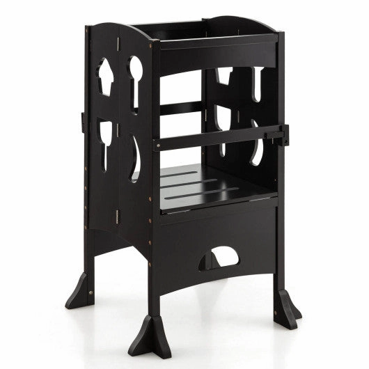 Folding Wooden Step Stool With Lockable Safety Rail for Toddler 3 -Coffee