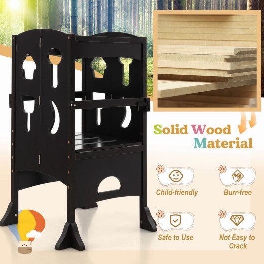 Folding Wooden Step Stool With Lockable Safety Rail for Toddler 3 -Coffee
