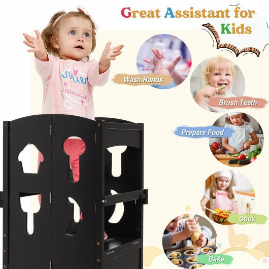 Folding Wooden Step Stool With Lockable Safety Rail for Toddler 3 -Coffee