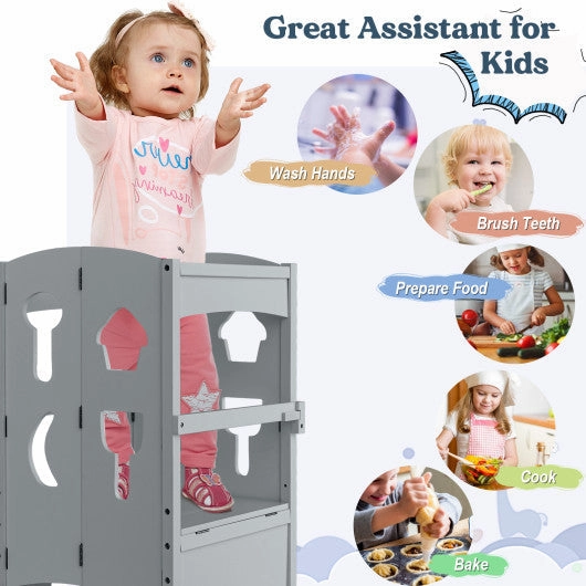 Folding Wooden Step Stool With Lockable Safety Rail for Toddler 3 -Gray