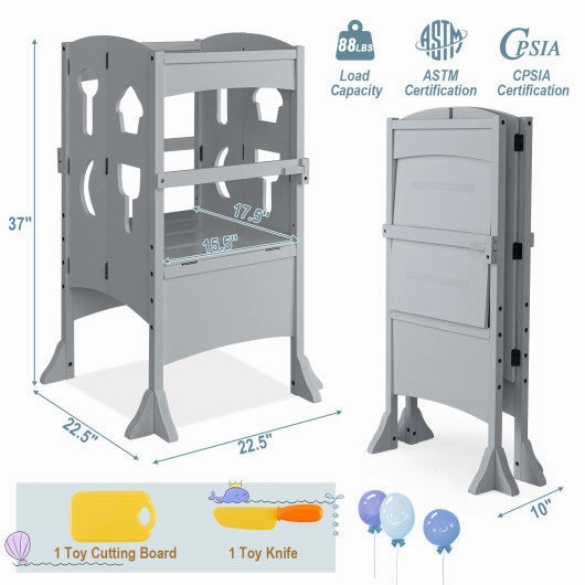 Folding Wooden Step Stool With Lockable Safety Rail for Toddler 3 -Gray