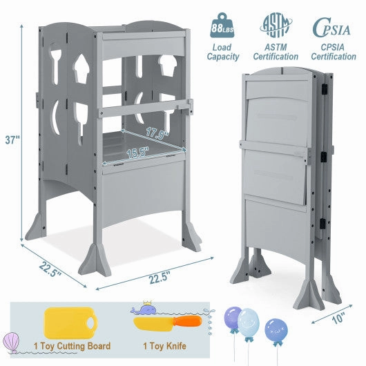 Folding Wooden Step Stool With Lockable Safety Rail for Toddler 3 -Gray