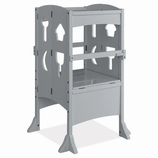 Folding Wooden Step Stool With Lockable Safety Rail for Toddler 3 -Gray